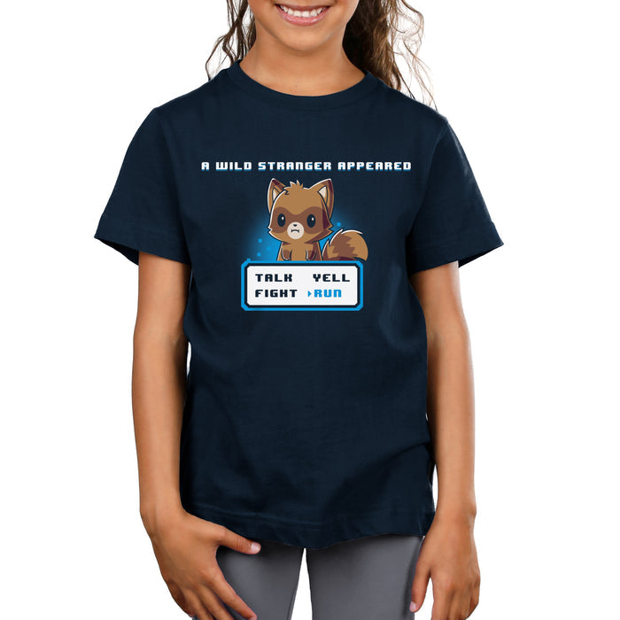 Premium Cotton T-shirt_TeeTurtle navy blue A Wild Stranger Appeared featuring a Raccoon beneath the words 'A Wild Stranger Appeared' with a RPG input screen with 'Talk, Yell, Fight, Run' beneath with 'Run' selected.