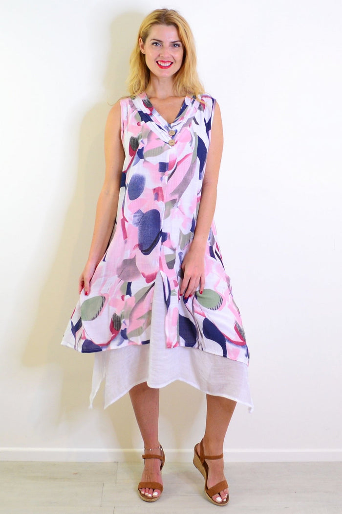 Abstract pink tones sleeveless tunic dress by Indigo Designs, featuring a flowing fabric and modern design.