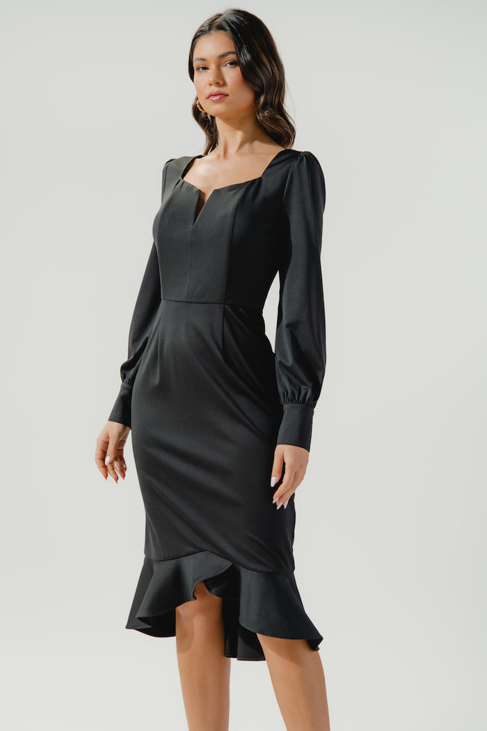Adrienne Flounce Sweetheart Bodycon Midi Dress