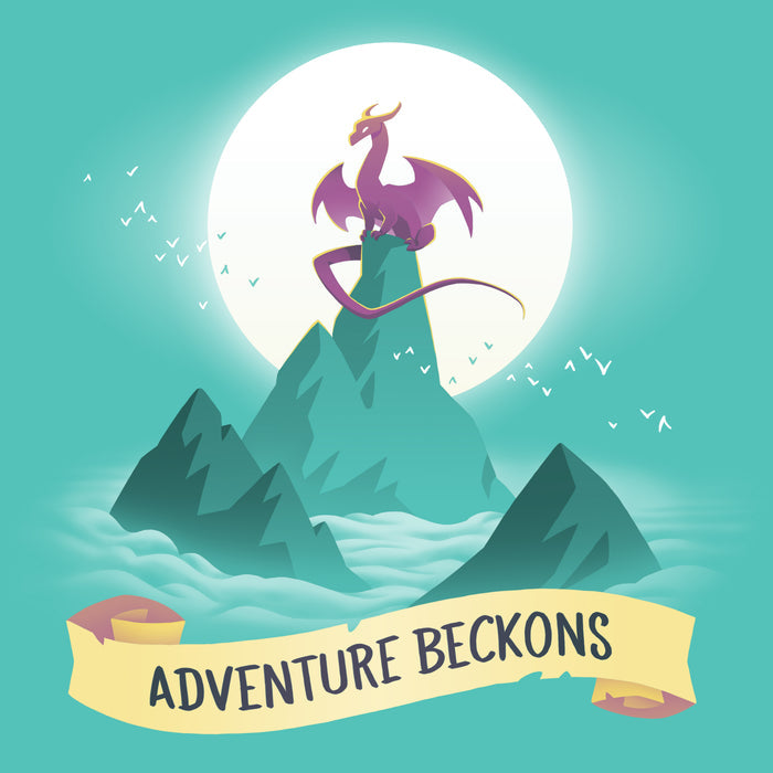 Premium Cotton T-shirt_Teeturtle Adventure Beckons Caribbean Blue apparel featuring a dragon perched on a mountain peak set above the clouds with the sun behind it and the words 'Adventure Beckons' beneath.