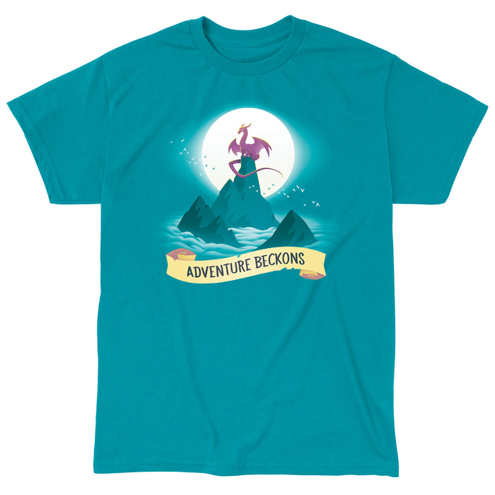 Classic Cotton T-shirt_Teeturtle Adventure Beckons Tropical Blue apparel featuring a dragon perched on a mountain peak set above the clouds with the sun behind it and the words 'Adventure Beckons' beneath.