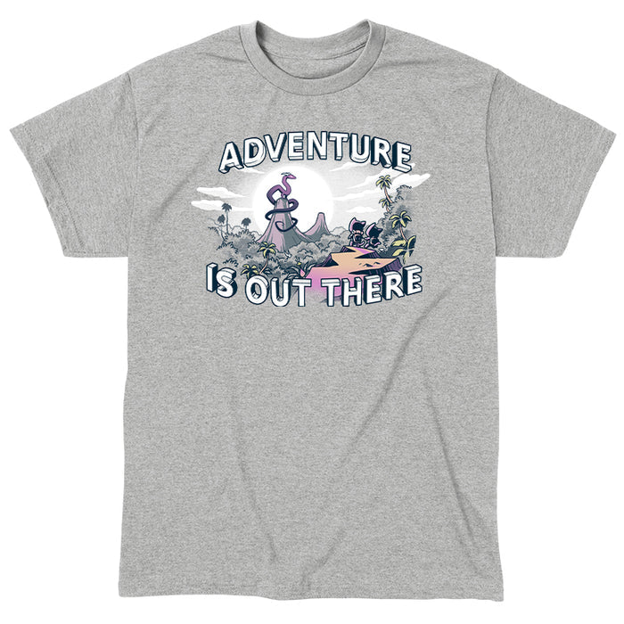 Classic Cotton T-shirt_TeeTurtle Adventure is Out There heather gray t-shirt featuring a jungle landscape with a pair of cute cats in adventuring backpacks on a cliff gazing over it towards a pair of mountains rising out of the jungle with a serpentine dragon standing upon one of the peaks. 'Adventure Is Out There' is written above and below the image.