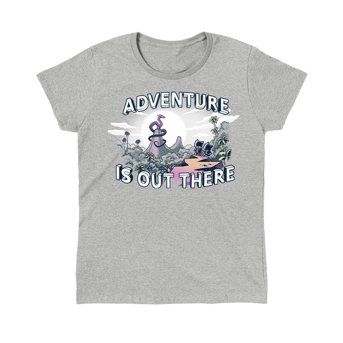 Classic Cotton T-shirt_TeeTurtle Adventure is Out There heather gray t-shirt featuring a jungle landscape with a pair of cute cats in adventuring backpacks on a cliff gazing over it towards a pair of mountains rising out of the jungle with a serpentine dragon standing upon one of the peaks. 'Adventure Is Out There' is written above and below the image.