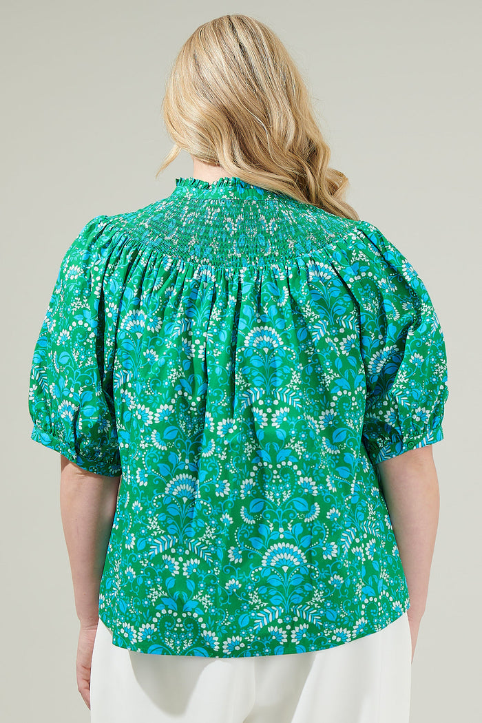 Alina Floral Smocked Mock Neck Top Curve