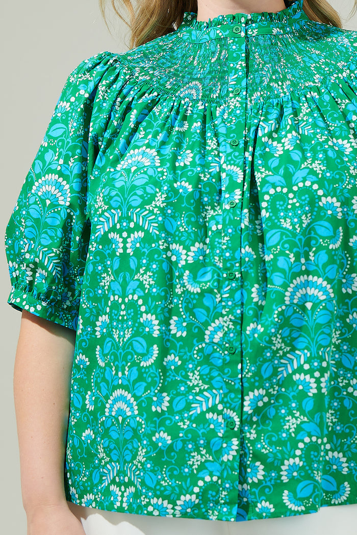 Alina Floral Smocked Mock Neck Top Curve