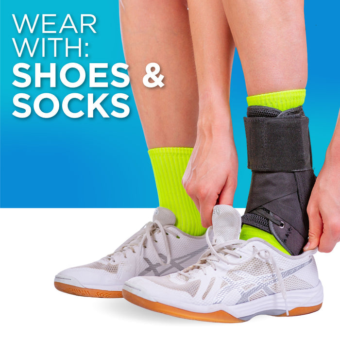 Our rolled ankle brace fits inside shoes and socks to prevent plus size ankle pain