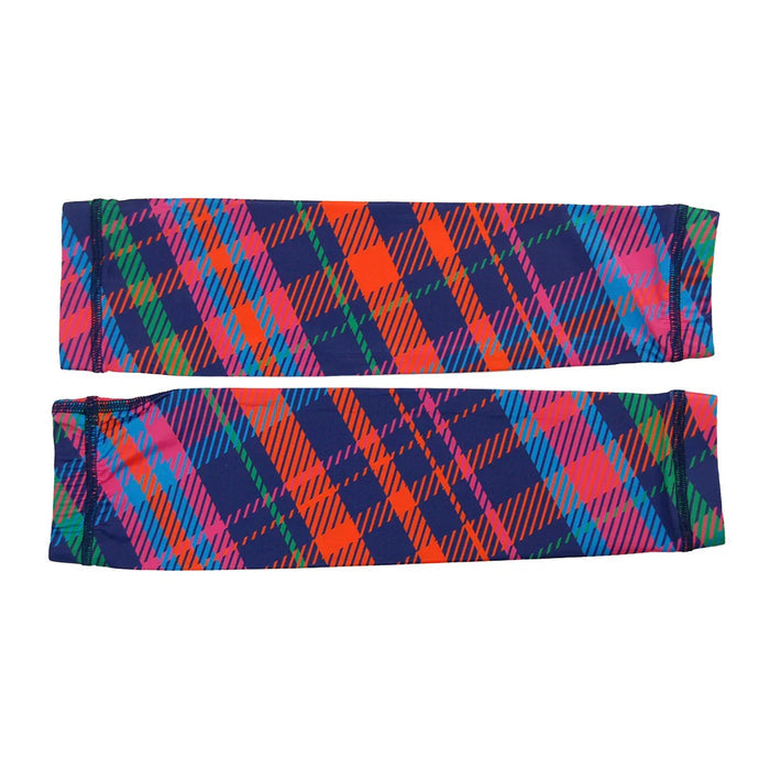 Colorful plaid arm sleeves with blue, orange, pink, green, and purple patterns