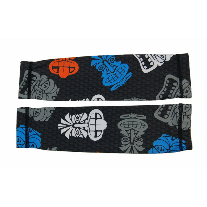 Black arm sleeves with colorful tribal face patterns in blue, orange, and gray on a textured background