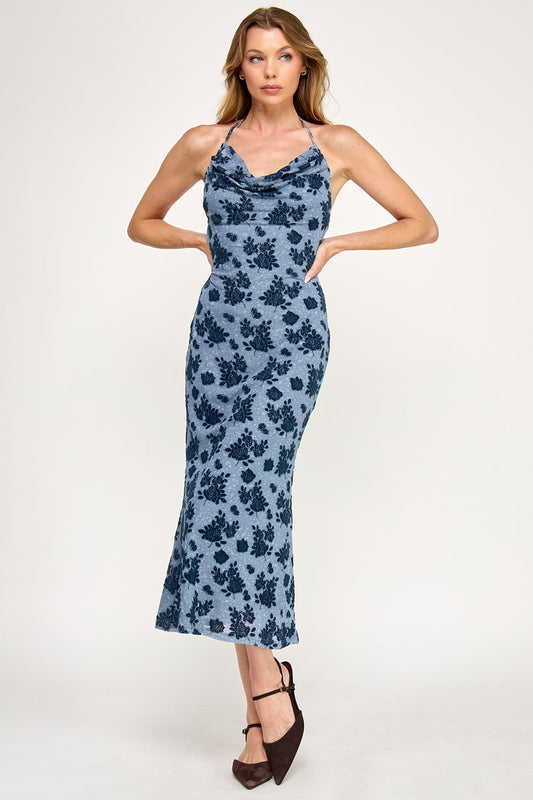 Azure Midi Dress - Mermaid Velvet Tie Die Cowl