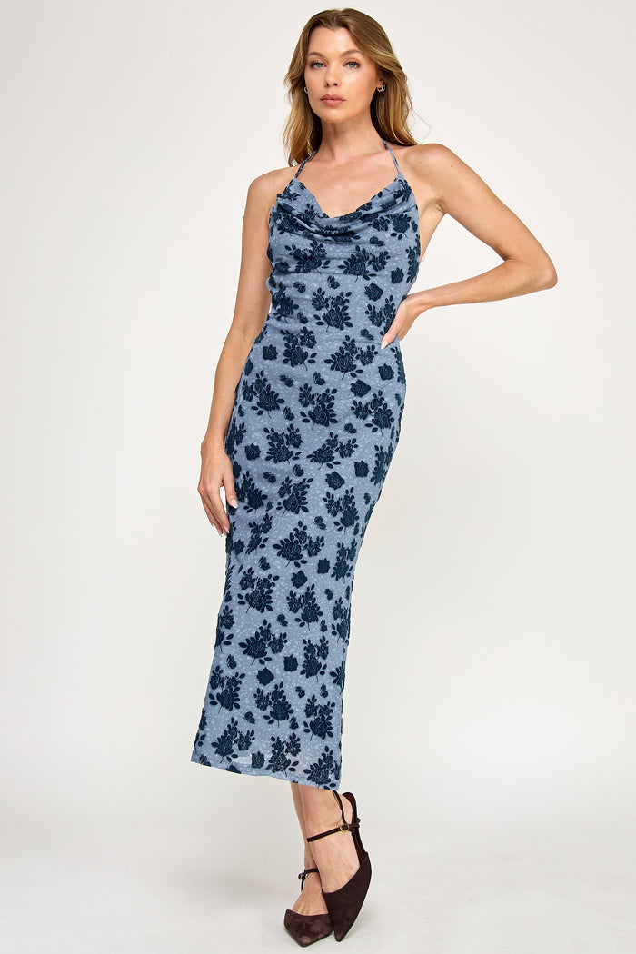 Azure Midi Dress - Mermaid Velvet Tie Die Cowl