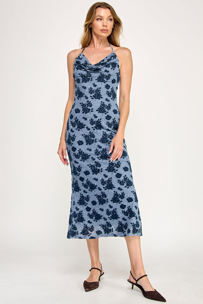 Azure Midi Dress - Mermaid Velvet Tie Die Cowl