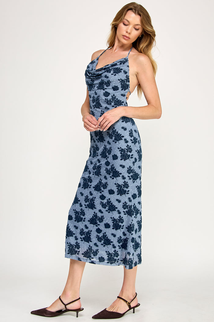 Azure Midi Dress - Mermaid Velvet Tie Die Cowl