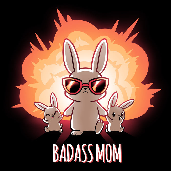 Premium Cotton T-shirt_TeeTurtle black Badass Mom apparel featuring a bunny mom in sunglasses walking away from an explosion while holding the hands of 2 baby bunnies. Caption reads, "badass mom".