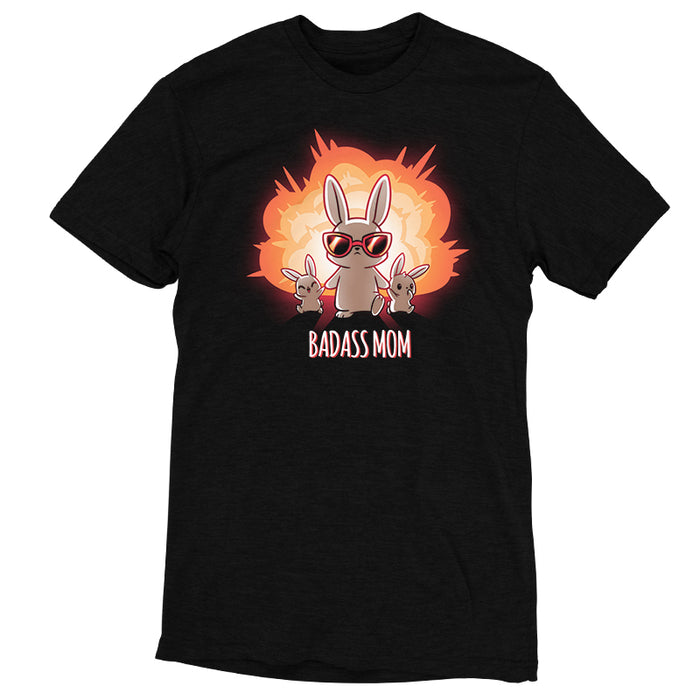 Premium Cotton T-shirt_TeeTurtle black Badass Mom apparel featuring a bunny mom in sunglasses walking away from an explosion while holding the hands of 2 baby bunnies. Caption reads, "badass mom".