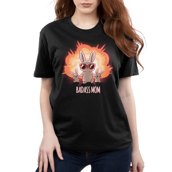 Premium Cotton T-shirt_TeeTurtle black Badass Mom apparel featuring a bunny mom in sunglasses walking away from an explosion while holding the hands of 2 baby bunnies. Caption reads, "badass mom".