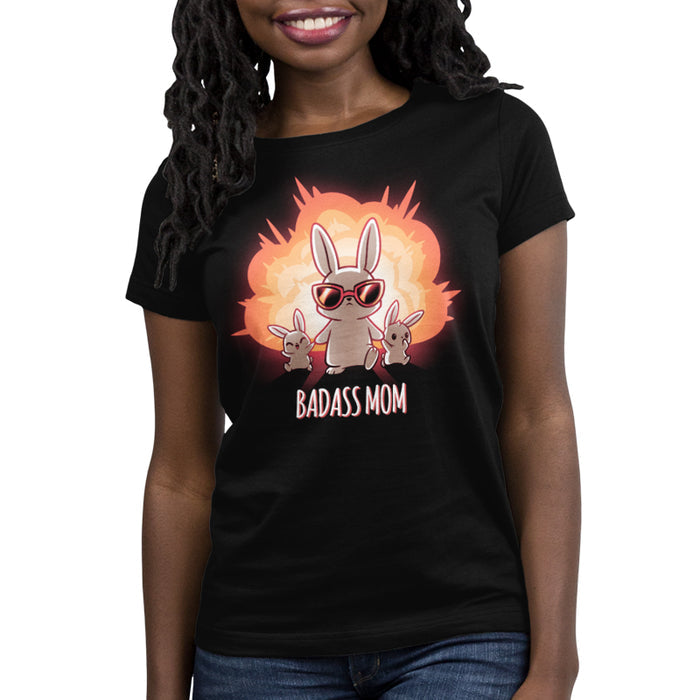 Premium Cotton T-shirt_TeeTurtle black Badass Mom apparel featuring a bunny mom in sunglasses walking away from an explosion while holding the hands of 2 baby bunnies. Caption reads, "badass mom".