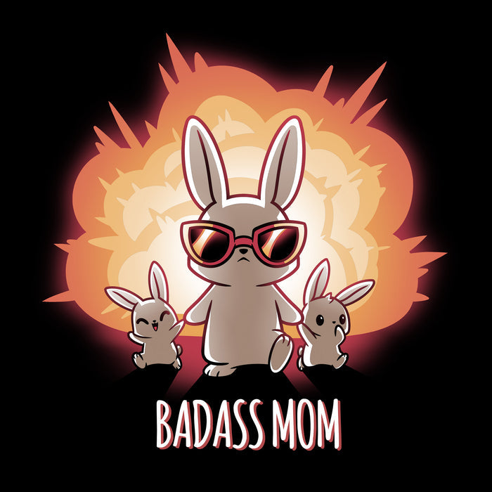 Classic Cotton T-shirt_TeeTurtle black Badass Mom apparel featuring a bunny mom in sunglasses walking away from an explosion while holding the hands of 2 baby bunnies. Caption reads, "badass mom".