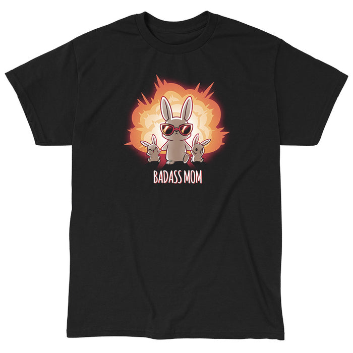 Classic Cotton T-shirt_TeeTurtle black Badass Mom apparel featuring a bunny mom in sunglasses walking away from an explosion while holding the hands of 2 baby bunnies. Caption reads, "badass mom".
