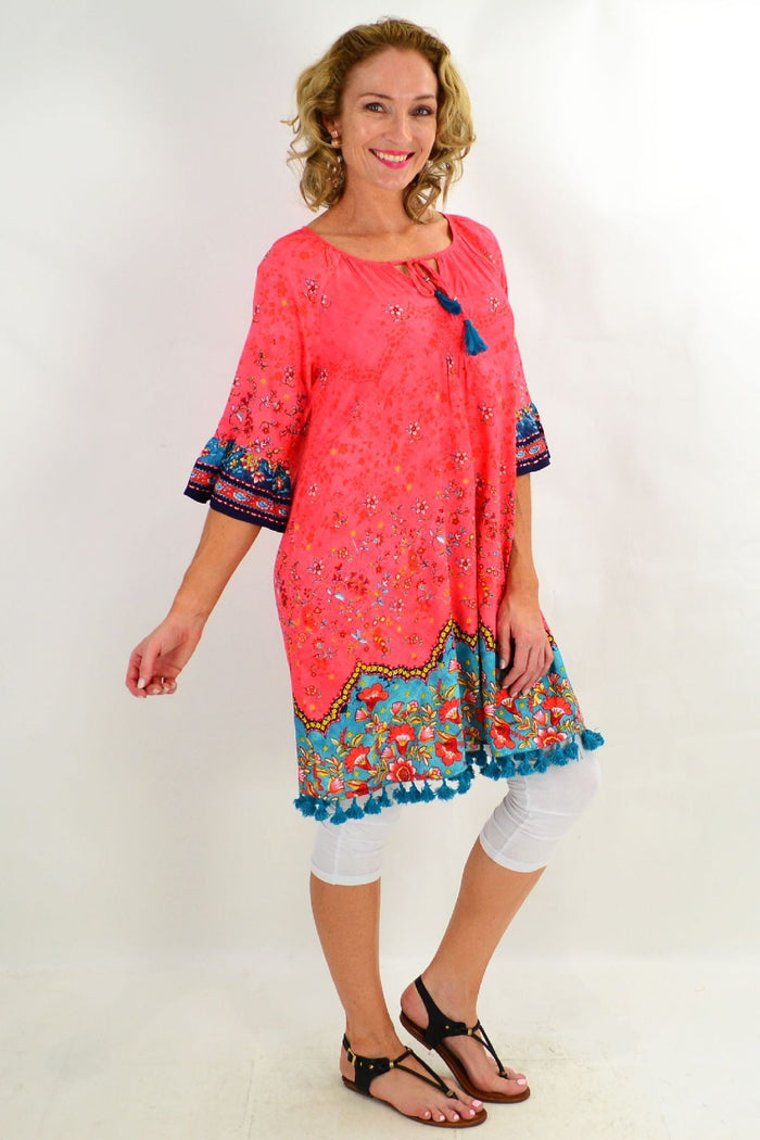 Coral and aqua Orientique Bagatelle 3/4 sleeve tunic dress with a relaxed fit, lightweight fabric, perfect for summer wear.