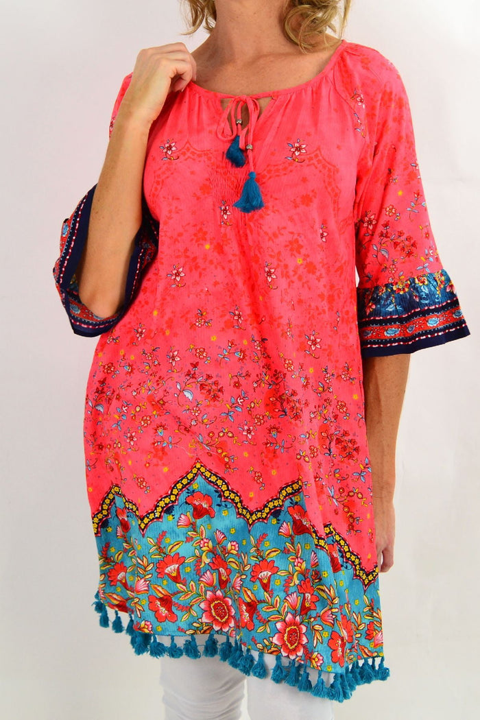 Coral and aqua Orientique Bagatelle 3/4 sleeve tunic dress with floral pattern, lightweight summer women's tunic.