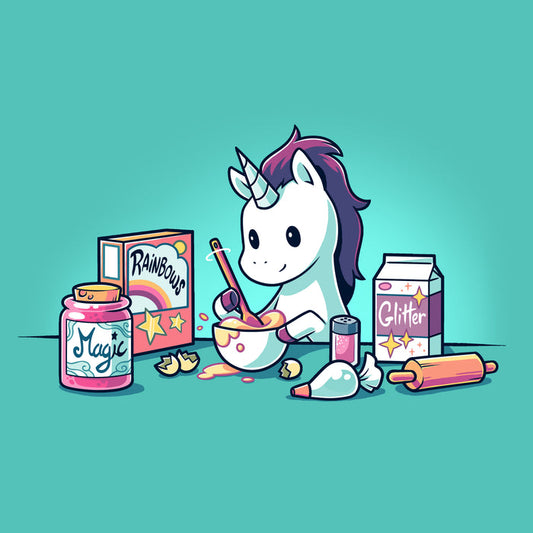 Premium Cotton T-shirt_Teeturtle Baking Unicorn Caribbean Blue apparel featuring a Unicorn baking with the ingredients of Magic, Rainbows and Glitter.
