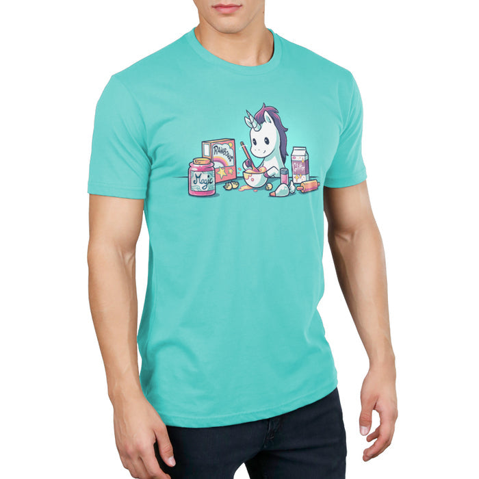 Premium Cotton T-shirt_Teeturtle Baking Unicorn Caribbean Blue apparel featuring a Unicorn baking with the ingredients of Magic, Rainbows and Glitter.