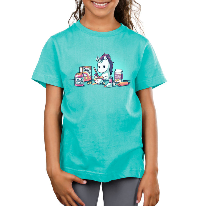 Premium Cotton T-shirt_Teeturtle Baking Unicorn Caribbean Blue apparel featuring a Unicorn baking with the ingredients of Magic, Rainbows and Glitter.