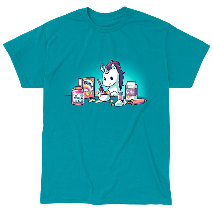 Classic Cotton T-shirt_Teeturtle Baking Unicorn Tropical Blue apparel featuring a Unicorn baking with the ingredients of Magic, Rainbows and Glitter.