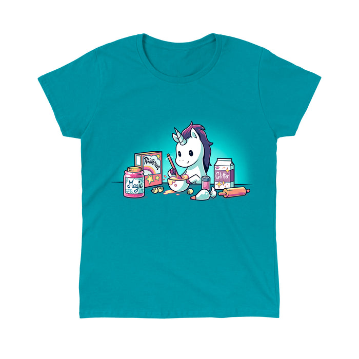 Classic Cotton T-shirt_Teeturtle Baking Unicorn Tropical Blue apparel featuring a Unicorn baking with the ingredients of Magic, Rainbows and Glitter.