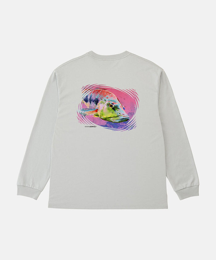 Back view of a Gramicci mist colored Bass Long-Sleeve Tee with a graphic against a light-tone background.