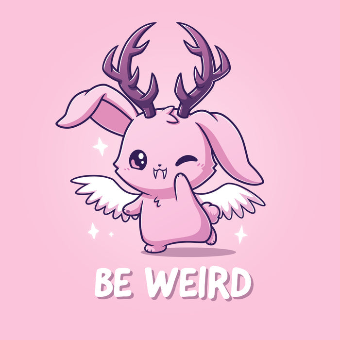 Premium Cotton T-shirt_TeeTurtle light pink Be Weird apparel featuring a winking wolpertinger. Caption says, "be weird".