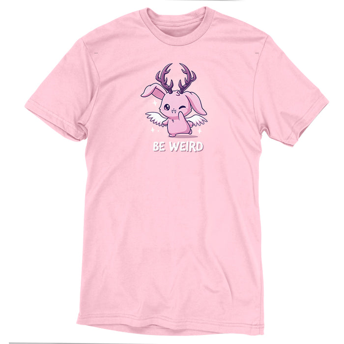 Premium Cotton T-shirt_TeeTurtle light pink Be Weird apparel featuring a winking wolpertinger. Caption says, "be weird".