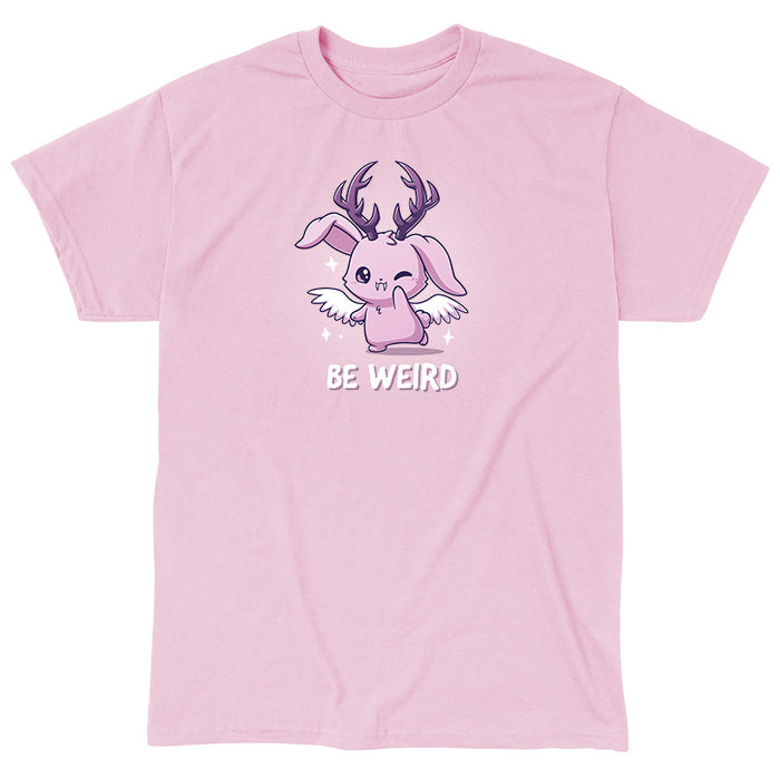 Classic Cotton T-shirt_TeeTurtle light pink Be Weird apparel featuring a winking wolpertinger. Caption says, "be weird".