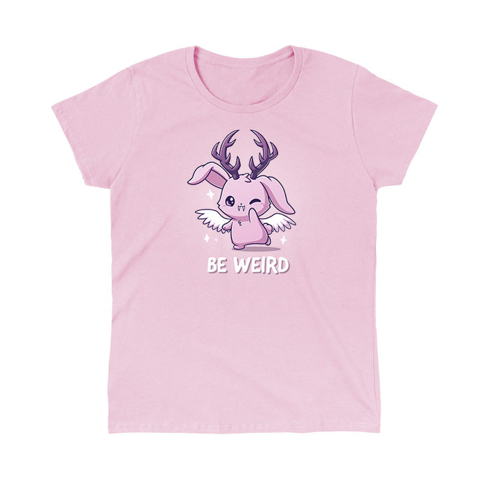 Classic Cotton T-shirt_TeeTurtle light pink Be Weird apparel featuring a winking wolpertinger. Caption says, "be weird".