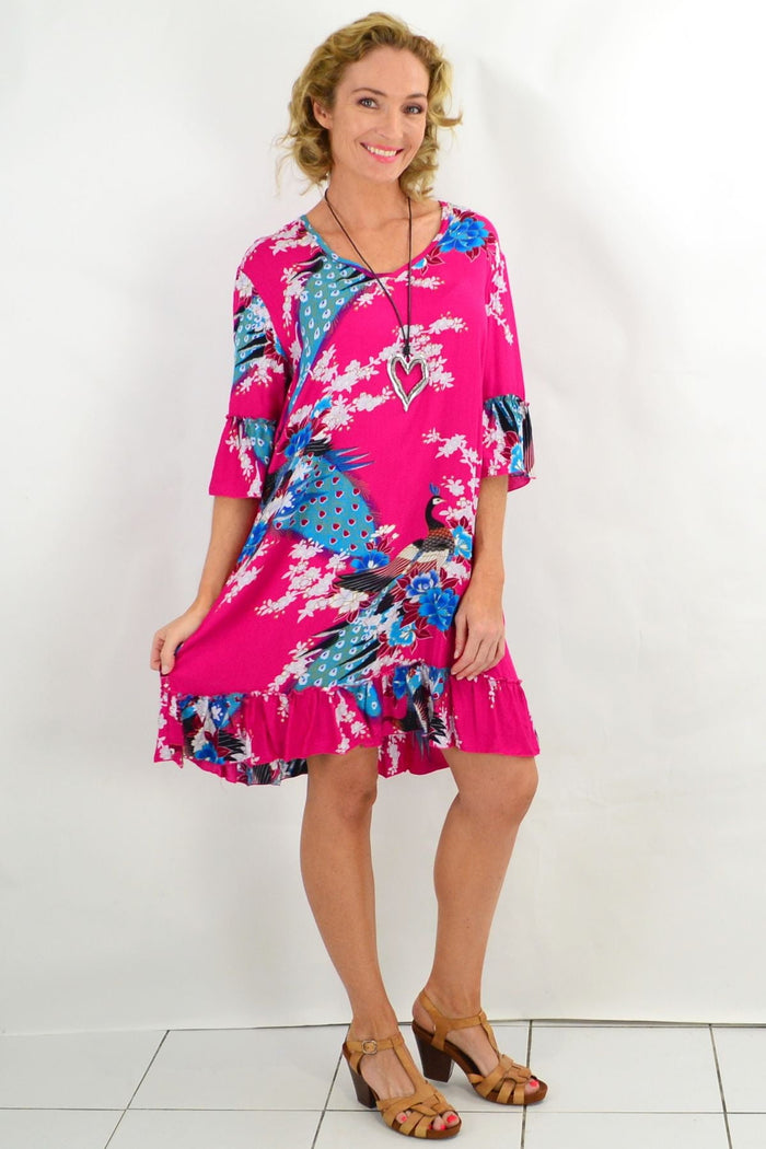 Pink peacock print tunic dress with 3/4 sleeves by Freez, featuring a flowing, stylish design and vibrant floral details.
