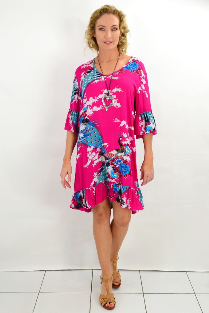 Pink peacock print tunic dress with 3/4 sleeves from Freez, featuring a flowing, stylish design perfect for casual wear.