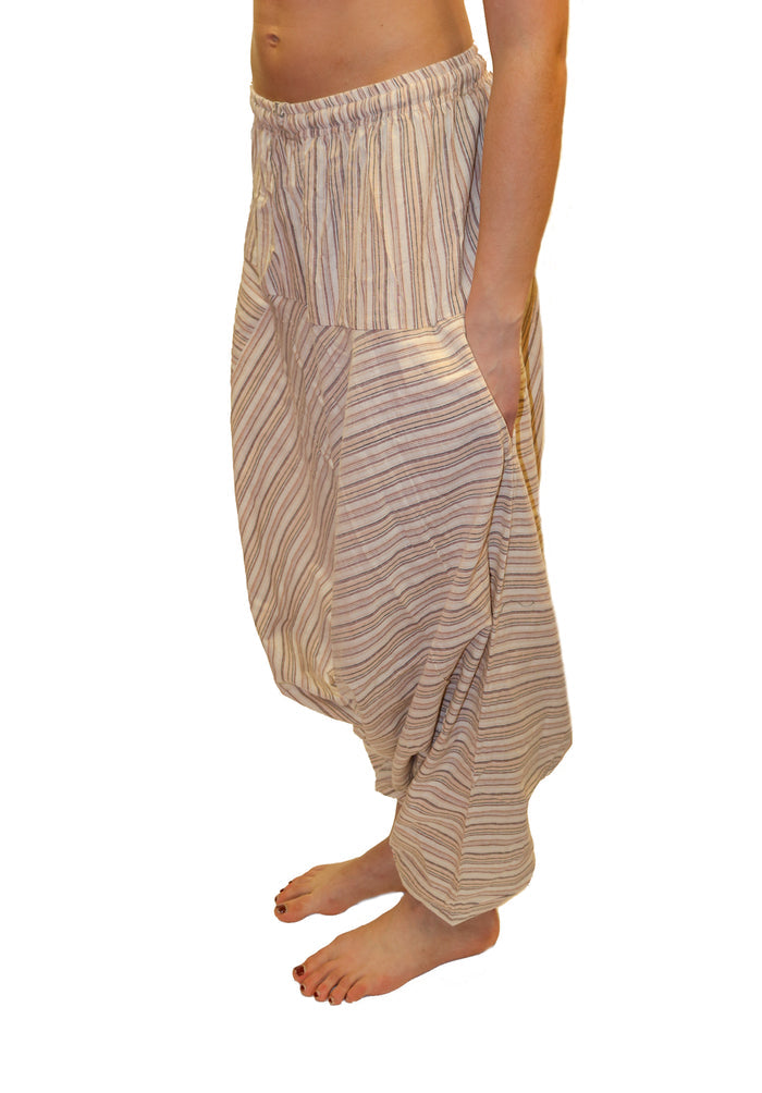 Beige Striped Cotton Harem Pants