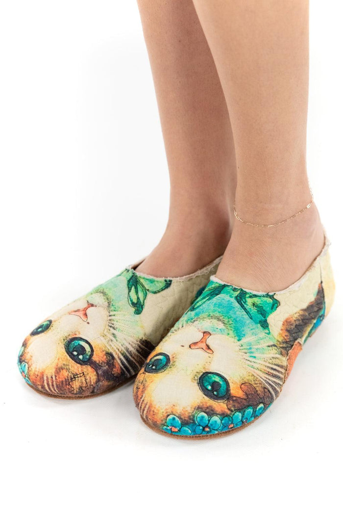 Whimsical Magnolia Pearl artisan cat face shoes, vintage style, unique handmade footwear