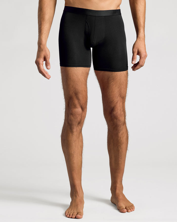 Black Boxer Briefs W/ Fly 3-Pack worn, showcasing fit and barefoot stance.