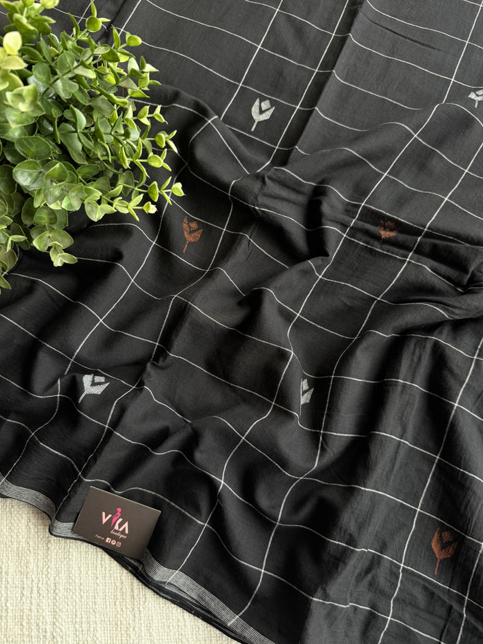 Black checked pure Jamdhani fabric