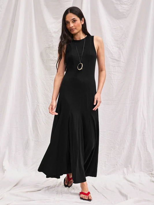 Black Slub Jersey Seam Detail Midi Dress