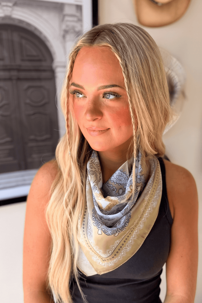 green paisley western neck scarf for country concert outfits, festival fashion, purse scarf, western accessory, from Sand and Charcoal