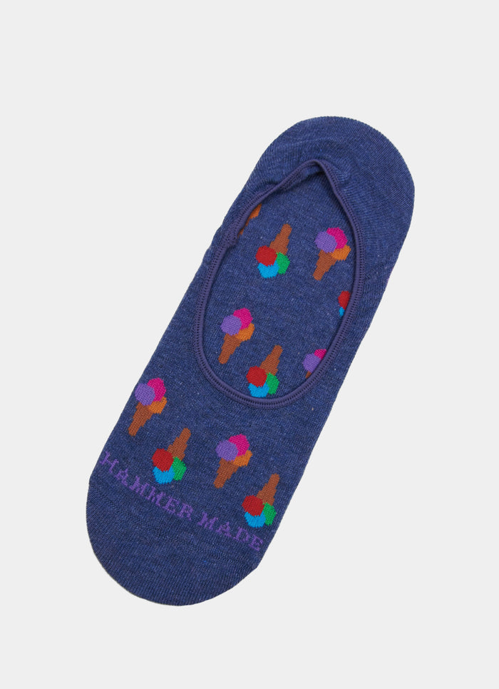 The Blue/Multi Ice Cream No Show Socks feature colorful ice cream cone patterns and "HAPPY MILER MIAMI" text near the toe, available in sizes 8-12.