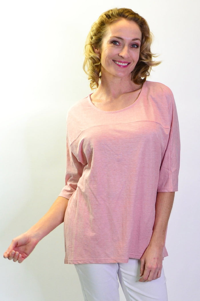 Pink jersey Blush Sloping Sleeve Tunic Top by Stylius, soft and stylish women's tunic with sloped sleeves.