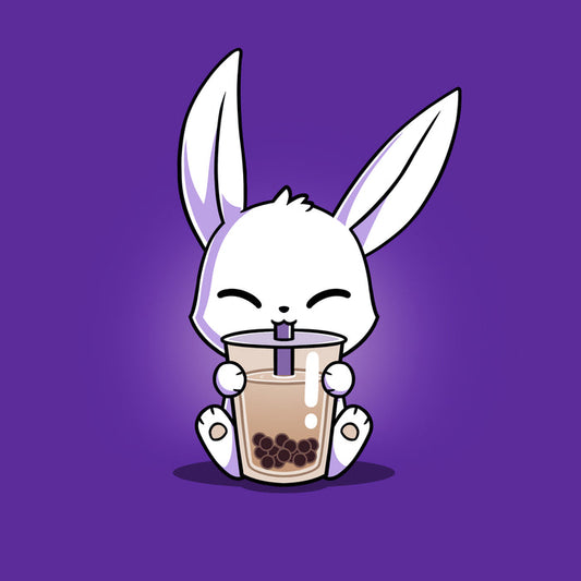 Premium Cotton T-shirt_Teeturtle purple Boba Bunny apparel featuring a white bunny happily sipping a large cup of Boba Tea.
