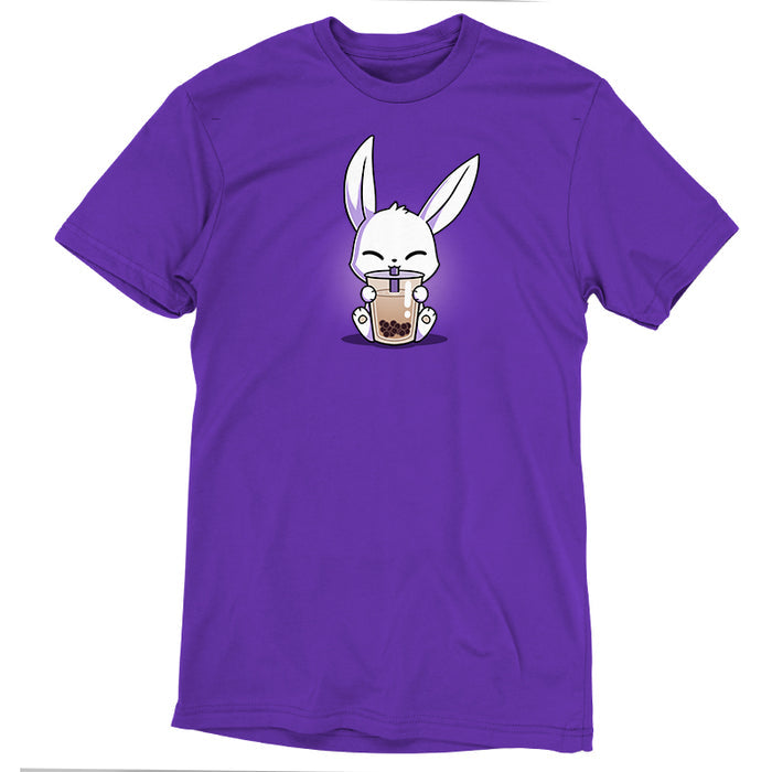 Premium Cotton T-shirt_Teeturtle purple Boba Bunny apparel featuring a white bunny happily sipping a large cup of Boba Tea.