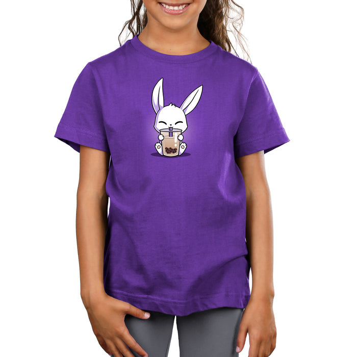 Premium Cotton T-shirt_Teeturtle purple Boba Bunny apparel featuring a white bunny happily sipping a large cup of Boba Tea.