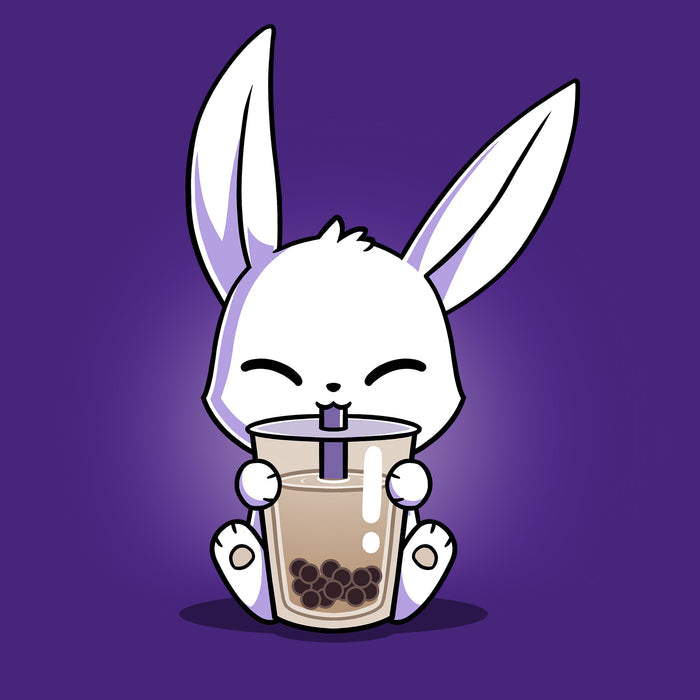 Classic Cotton T-shirt_Teeturtle purple Boba Bunny apparel featuring a white bunny happily sipping a large cup of Boba Tea.