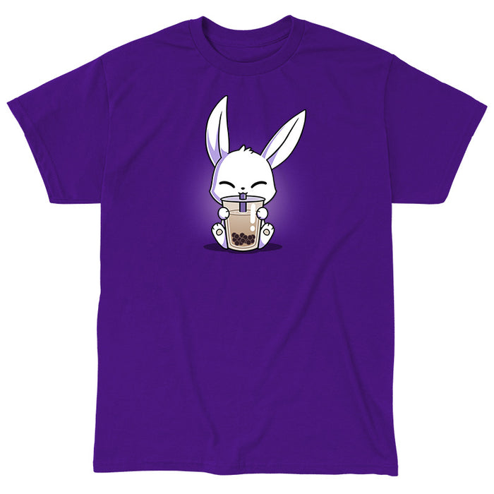 Classic Cotton T-shirt_Teeturtle purple Boba Bunny apparel featuring a white bunny happily sipping a large cup of Boba Tea.