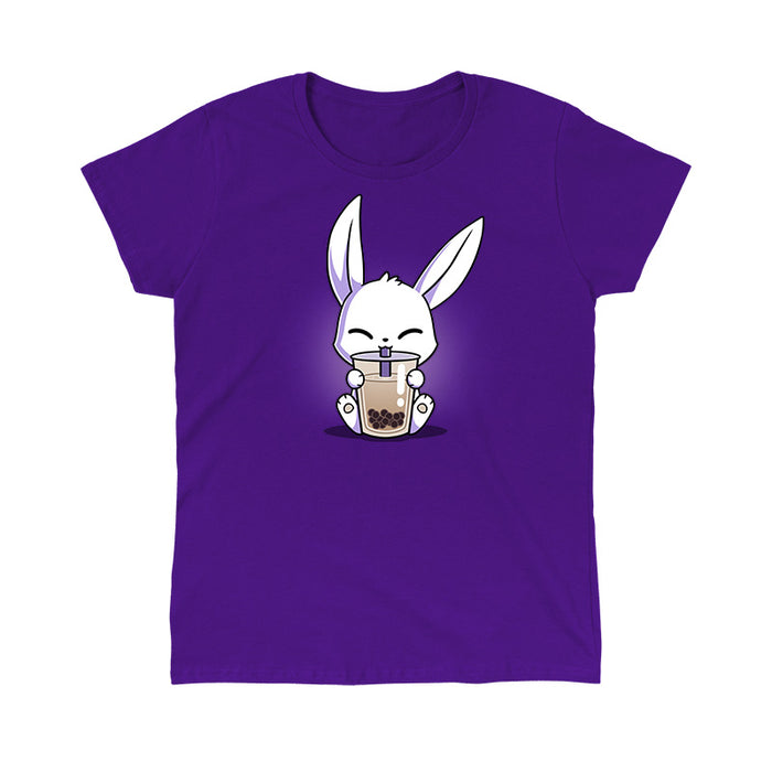 Classic Cotton T-shirt_Teeturtle purple Boba Bunny apparel featuring a white bunny happily sipping a large cup of Boba Tea.